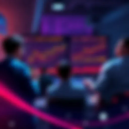 Group of people discussing cryptocurrency market trends with charts and graphs on a screen