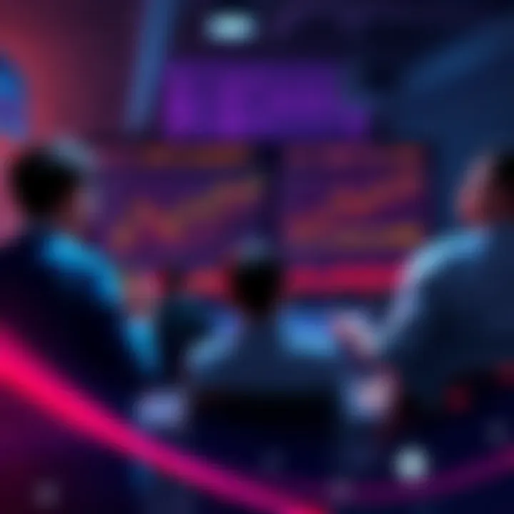 Crypto Discussion Highlights Group of people discussing cryptocurrency market trends with charts and graphs on a screen