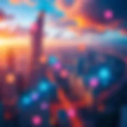 A vibrant cityscape in LATAM with digital currency symbols overlaying buildings, showcasing the rise of crypto and innovation in the region.