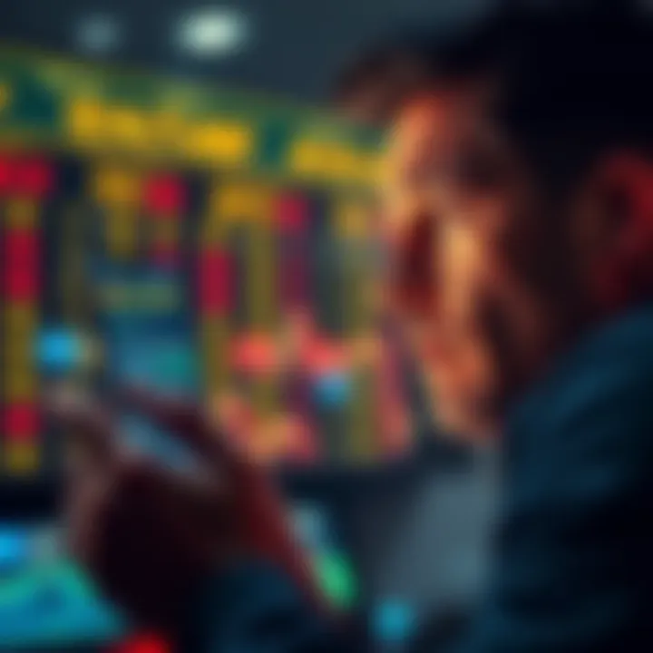 Individual looking at a smartphone displaying cryptocurrency price charts, showing signs of anxiety and stress