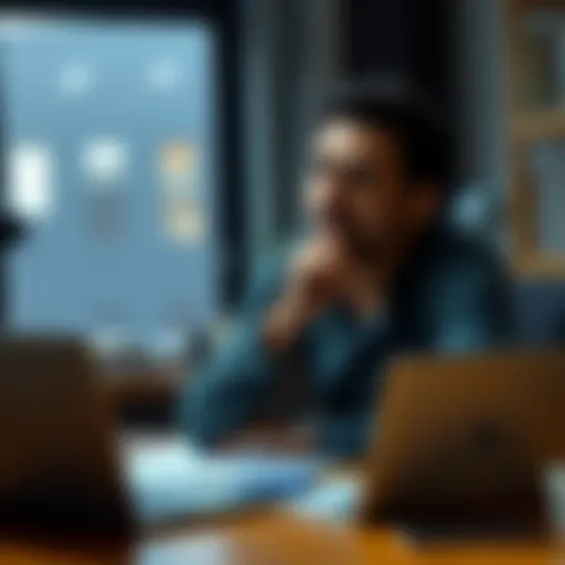 Individual sitting at a desk with a thoughtful expression, considering the challenges of giving cryptocurrency advice to friends and family, papers and a laptop are visible on the table.