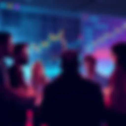 A group of crypto enthusiasts discussing altcoin trends with charts and graphs in the background.