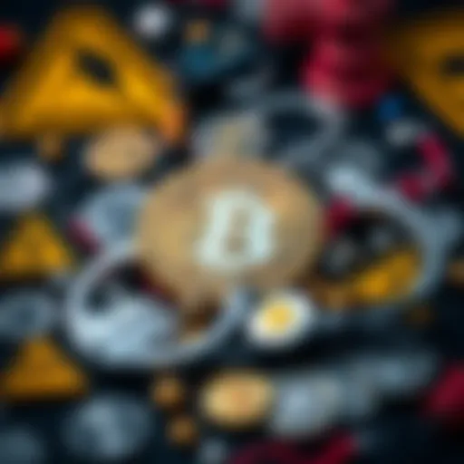 A visual representation of cryptocurrencies surrounded by symbols of crime like handcuffs and caution signs, indicating the threat of financial crimes.