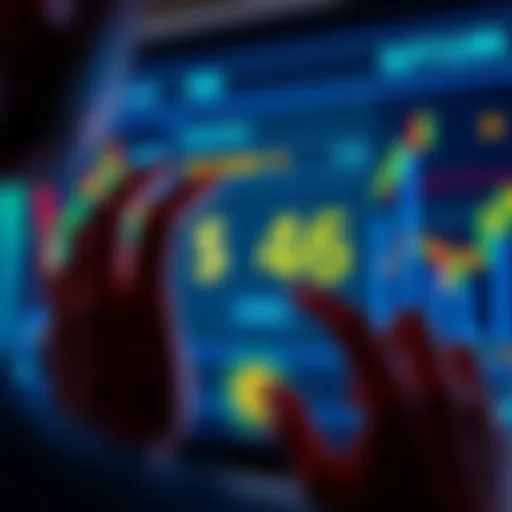 A person looking at a cryptocurrency account showing a balance of $46, with visual elements representing transaction fees and market trends in the background.
