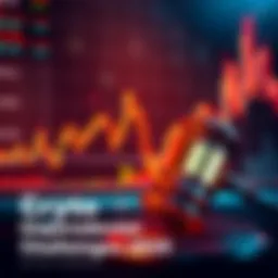 A graphic showing a fluctuating crypto market chart and a gavel symbolizing regulatory oversight.