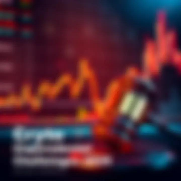 Crypto Challenges 2025 A graphic showing a fluctuating crypto market chart and a gavel symbolizing regulatory oversight.