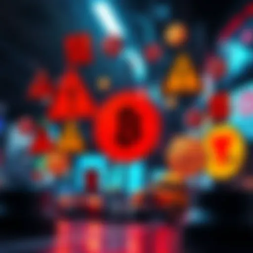 A graphic showing exaggerated issues in cryptocurrency with symbols like warning signs and coins, illustrating common misconceptions.