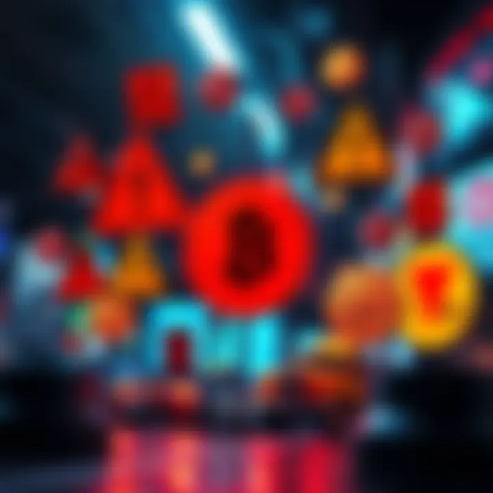 A graphic showing exaggerated issues in cryptocurrency with symbols like warning signs and coins, illustrating common misconceptions.