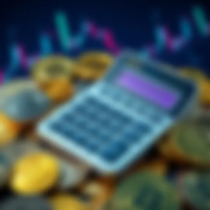 A calculator surrounded by various cryptocurrency coins, symbolizing strategic buying and investment planning.