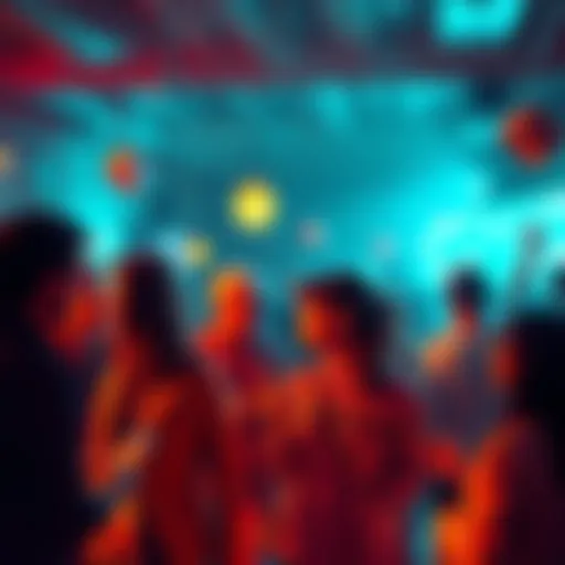 A group of people engaged in lively discussions about cryptocurrency, with signs of excitement and silence around them, showing the contrast between vibrant and quiet communities.