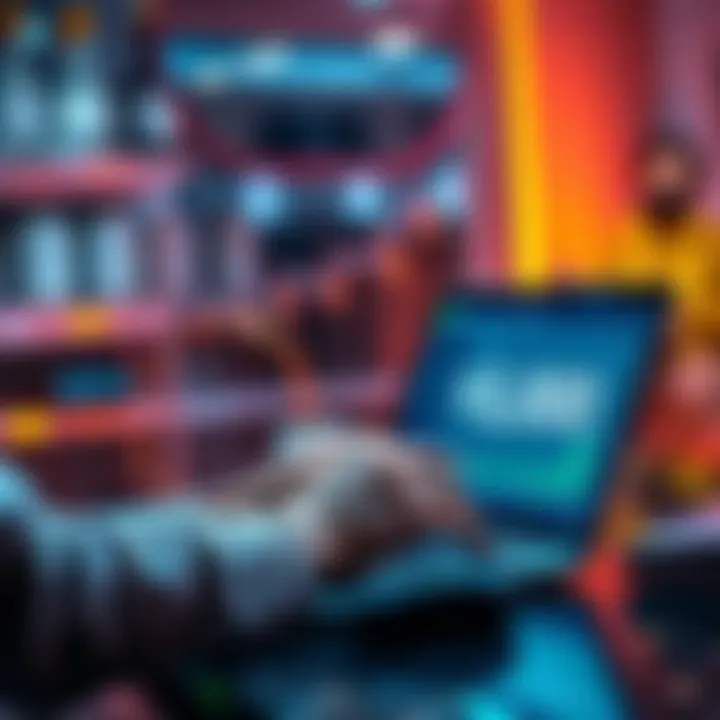 A person analyzing crypto returns on a laptop with a $5,000 deposit graphic