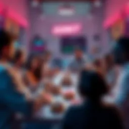 A group of people discussing cryptocurrency with donuts on the table, showing a supportive community atmosphere.
