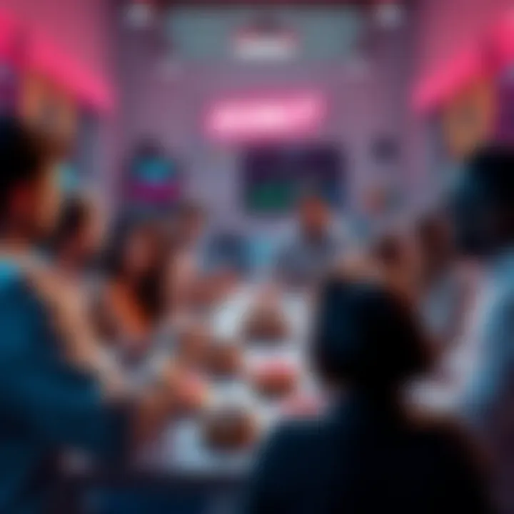 A group of people discussing cryptocurrency with donuts on the table, showing a supportive community atmosphere.