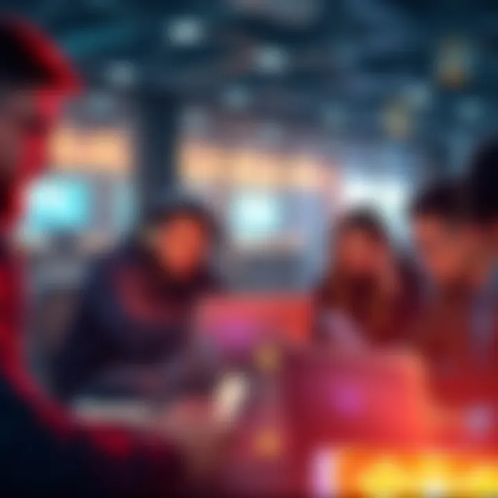 A group of people discussing cryptocurrency with laptops and phones, sharing tips and insights.