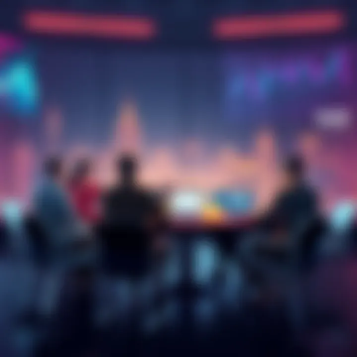 A group of people discussing cryptocurrency at a round table with laptops and charts.