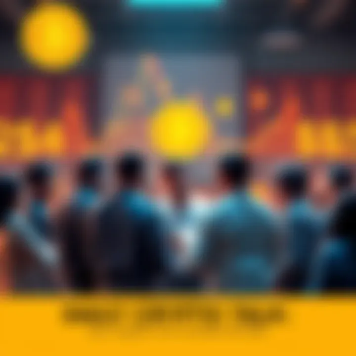 Cryptocurrency Discussion Visual A group of people engaged in a lively conversation about cryptocurrency, with digital currency symbols and charts in the background.