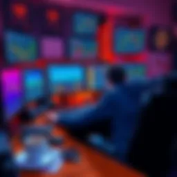 A person focused on trading cryptocurrency at multiple screens, showcasing charts and digital assets, surrounded by a cluttered desk with coffee and tech gadgets.