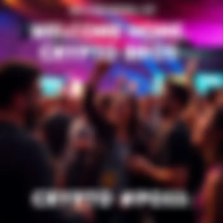 Crypto enthusiasts celebrating A group of people excitedly discussing cryptocurrency and digital currency trends at a lively event.