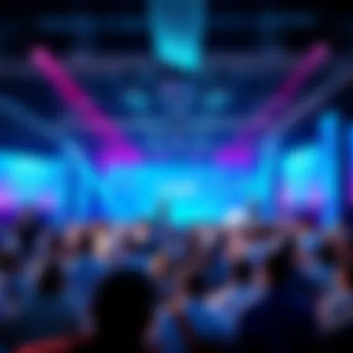 A lively gathering of people discussing cryptocurrency, with banners and speakers on stage at BlLife Forum