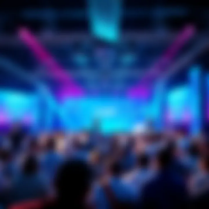 Crypto Event at BlLife Forum A lively gathering of people discussing cryptocurrency, with banners and speakers on stage at BlLife Forum