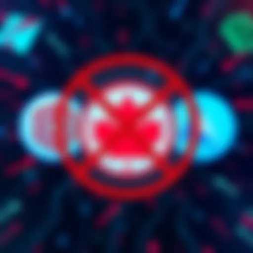 A graphic showing major crypto exchange logos with a 'restricted' sign overlay, symbolizing bans affecting Canadian users.