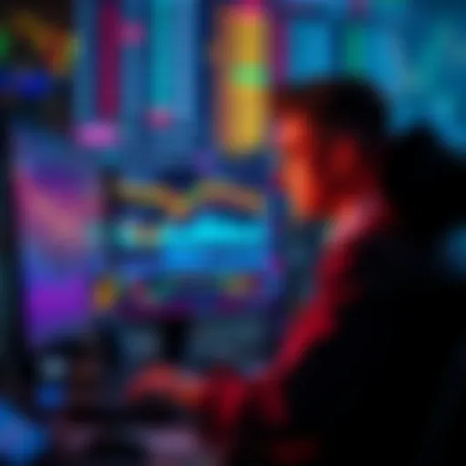 A trader analyzing cryptocurrency and forex market charts on a computer screen, surrounded by financial symbols