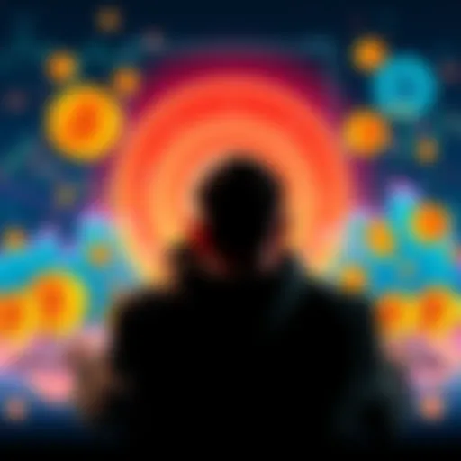 A person studying crypto charts with a $50K target in mind, surrounded by Bitcoin images and currency symbols.