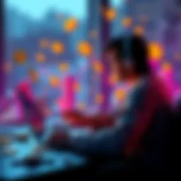 A person exploring cryptocurrency on a laptop, with digital currency symbols around them.