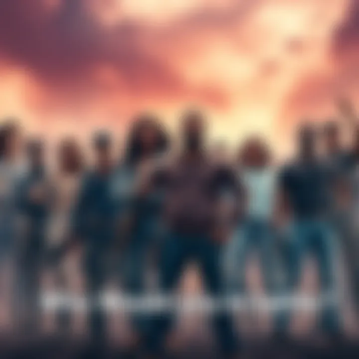 A group of diverse cryptocurrency influencers standing together in a battle-ready pose, showcasing trust and confidence, while some appear hesitant or uncertain in the background.