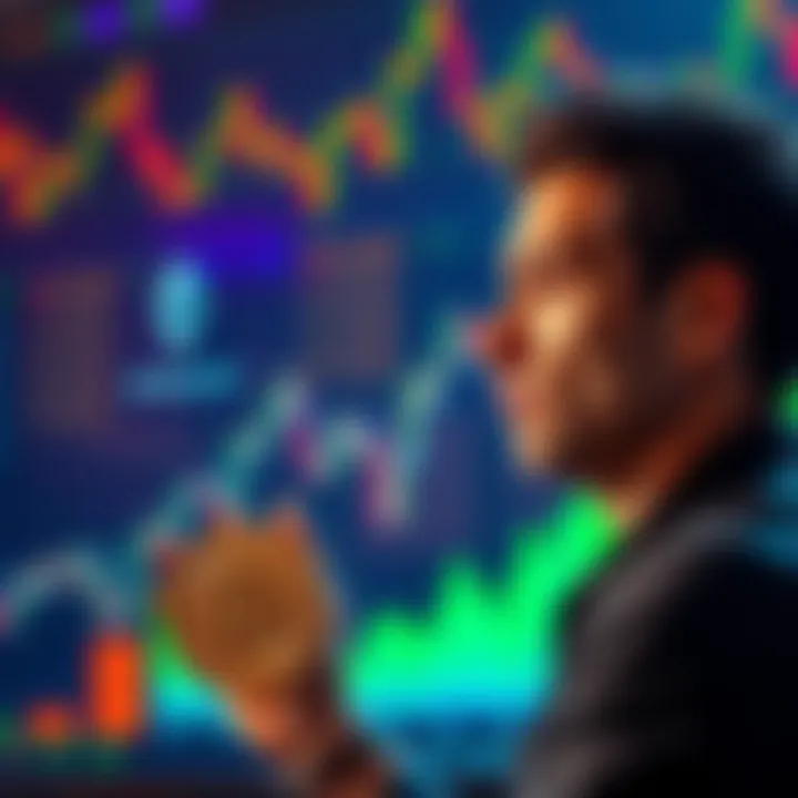 A person contemplating between Bitcoin and Ethereum investments with charts and graphs in the background.