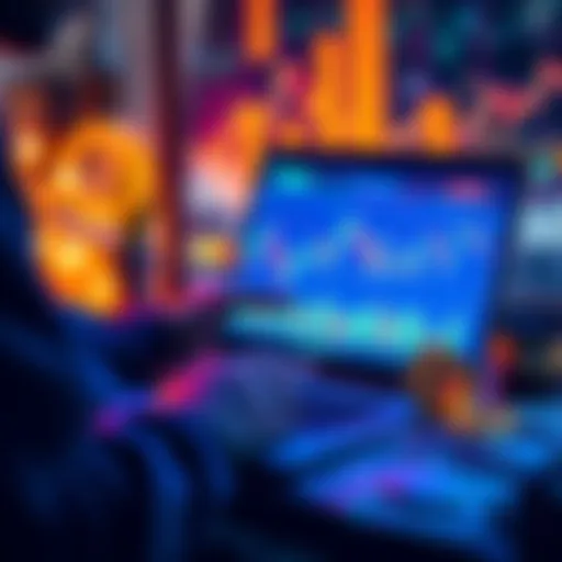 A person analyzing crypto charts and graphs on a laptop, with dollar bills and Bitcoin tokens nearby, symbolizing investment strategies.