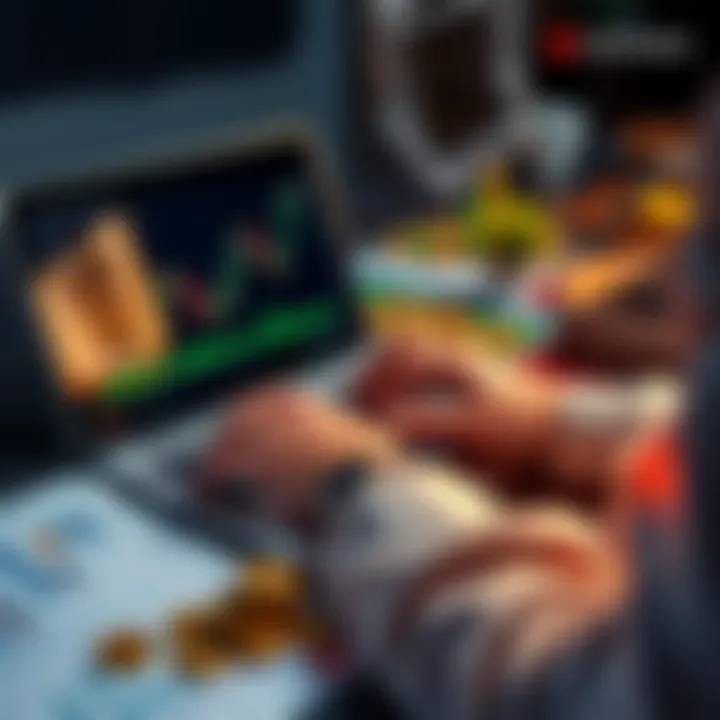 A person analyzing cryptocurrency charts on a laptop with coins and financial documents on the table