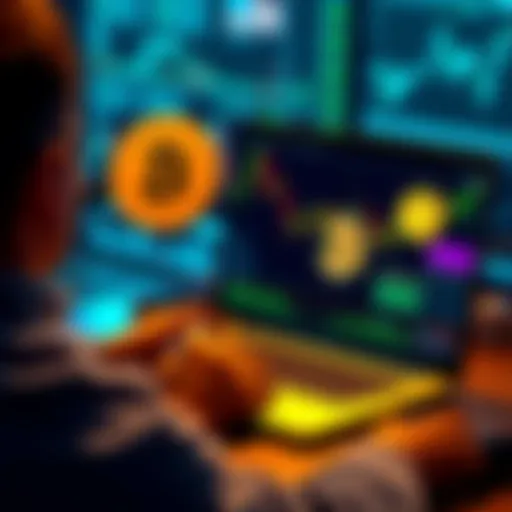 A person analyzing cryptocurrency charts and market data on a laptop, with Loopring and Bitcoin symbols visible on screen.