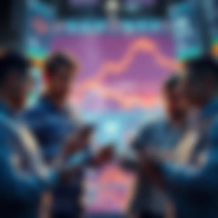 Group of investors discussing cryptocurrency market trends while checking their devices for price updates.