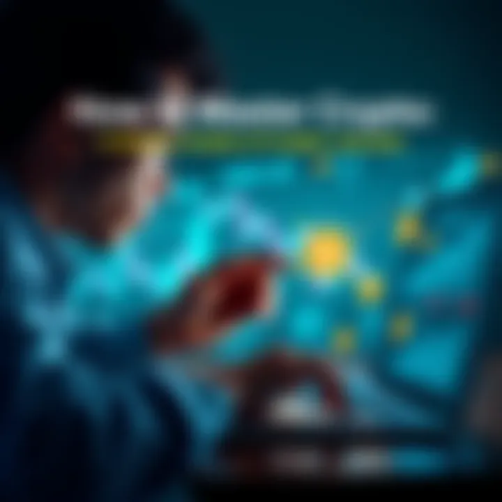 A person looking at a laptop with graphs and cryptocurrency symbols, representing the exploration of crypto knowledge.