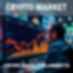 A graph showing a sharp decline in cryptocurrency values with a worried investor looking at a screen.