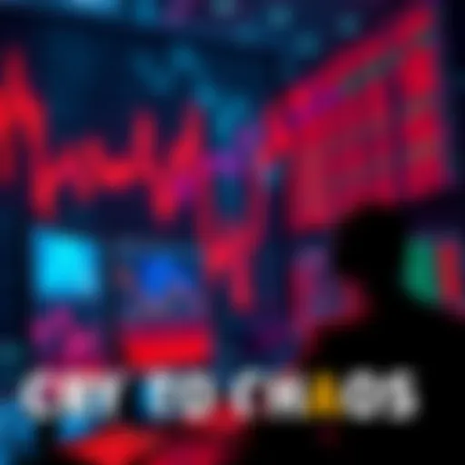 A graph showing a steep decline in cryptocurrency prices, with worried investors looking at screens filled with red market indicators.