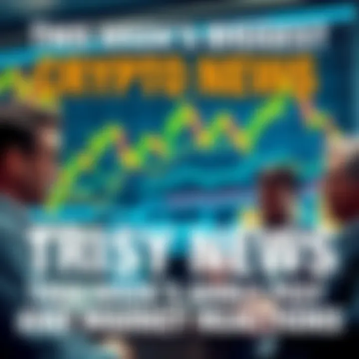 Investors discussing crypto market updates with charts and graphs in the background