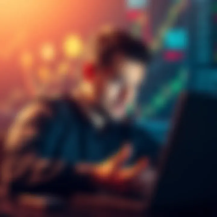 An investor analyzing crypto charts on a laptop, with digital currency icons in the background and a worried expression, symbolizing the pressure in the market.