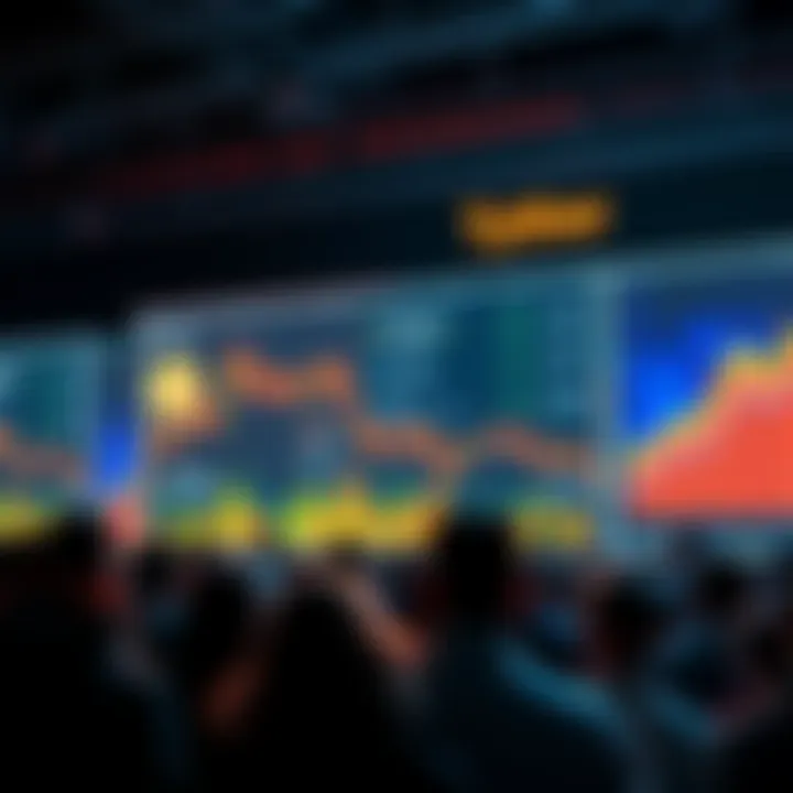 A graphic showing a worried crowd looking at falling cryptocurrency prices on a screen, with Tether logo in the background