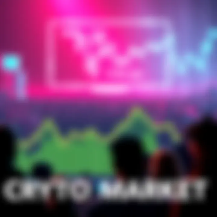 A graph showing a downward trend in cryptocurrency prices, with a worried crowd looking on, symbolizing the market's uncertain future.