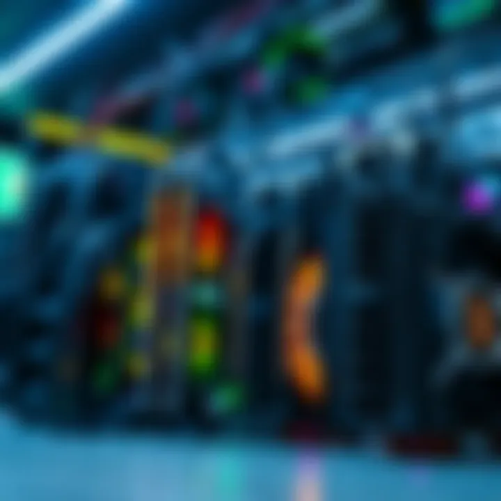 An array of graphics processing units (GPUs) set up for cryptocurrency mining, with a focus on cooling fans and power supplies, showcasing the mining rig setup.