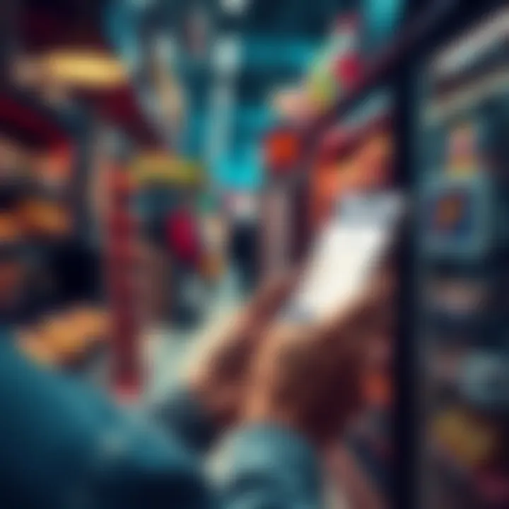 A person using a mobile device to make a crypto payment at a store, showing a digital wallet on the screen. Merchants and consumers discuss issues with crypto transactions.