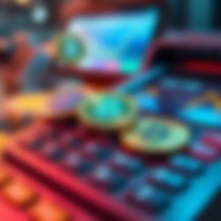 A close-up view of digital coins displayed on a payment terminal screen, illustrating the concept of cryptocurrency payments.