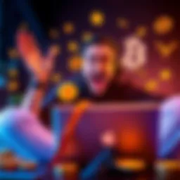Individual excitedly sharing their BTC, ETH, and XRP investments on a laptop while surrounded by memecoins