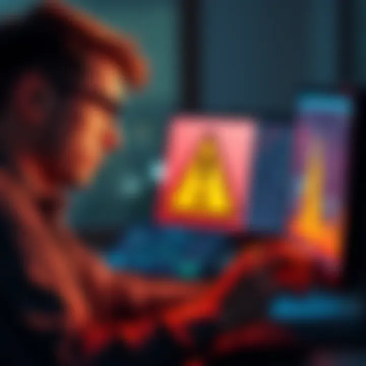 A worried crypto investor looking at a computer screen with a warning sign, symbolizing the urgency of securing digital assets after a phishing scam,