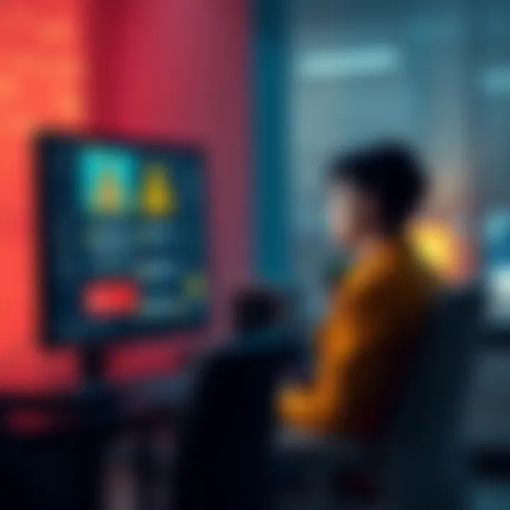 A person sitting at a desk, staring at a computer screen showing warning signs of cryptocurrency scams, looking concerned.