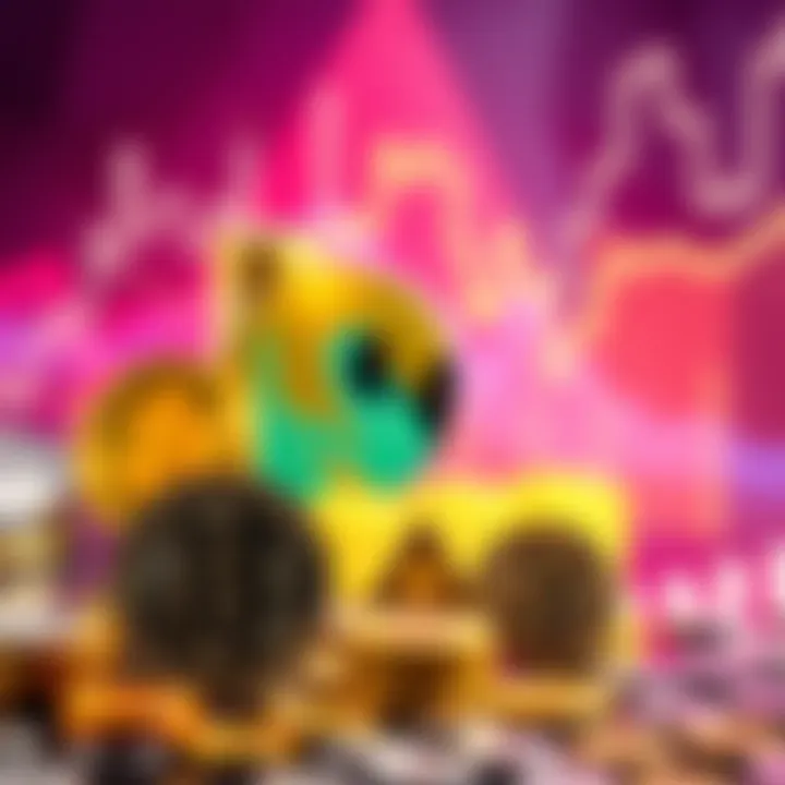 Cryptocurrency Staking Concept Visual representation of cryptocurrency staking, showing various coins with growth symbols and a chart to indicate potential yields and risks.