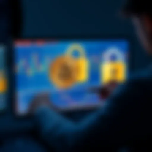 A person analyzing Bitcoin and Ethereum charts on a computer screen with a lock symbol in the background for security.
