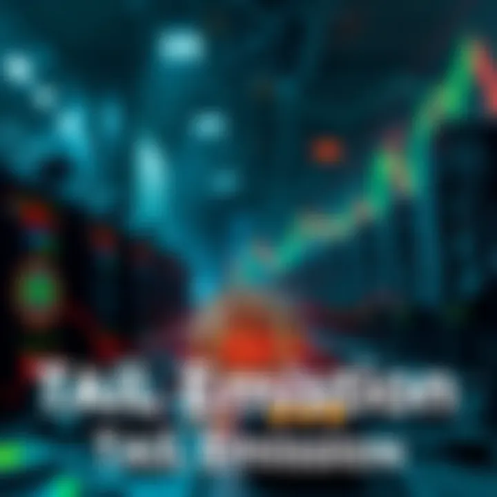 Visual representation of cryptocurrency tail emission with miners at work and fluctuating charts in the background